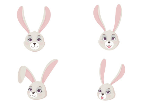 Muzzle of a Cute rabbit in a cartoon style. Emotions in animals. Vector illustration isolated on white background.
