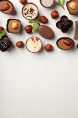 Flat lay composition with chocolate candies on white background