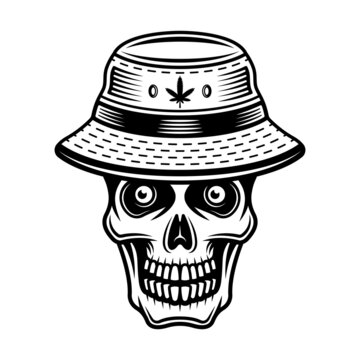 Skull in bucket hat with marijuana leaf vector illustration in vintage monochrome style isolated on white background