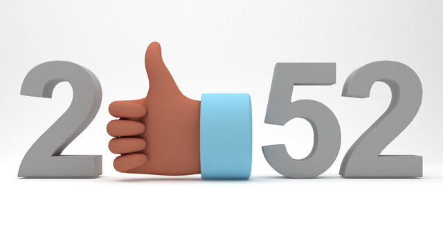 3D illustration of year 2052 with a thumbs up hand