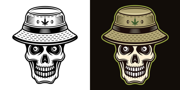 Skull in bucket hat with marijuana leaf vector illustration in two styles black on white and colorful on dark background
