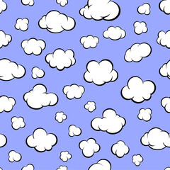 Pattern of cartoon white clouds on a blue sky for printing and decoration. Vector illustration.
