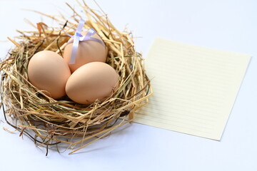 Three Easter eggs in the nest and blank card for text.