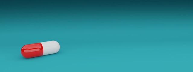 Red pills or capsules isolated on blue background. 3D rendering. Medicine concept. Copy of space.