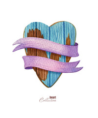 Heart with ribbon banner. Watercolor vintage wooden shabby heart