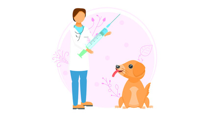 Abstract Flat Medic Man Vaccinates Pet Dog Cartoon People Character Concept Illustration Vector Design Style Coronavirus COVID-19 Mass Vaccination Healthcare Epidemic