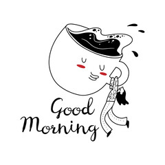 Smiling girl is holding to a big cute cup of coffee, concept of loving coffee, helping to wake up in the morning, linear style isolated vector illustration