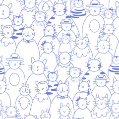 Hand drawn seamless pattern with different doodle cats in linear style