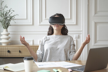 Peaceful woman employee meditating in glasses of virtual reality, sitting in zen pose at workplace