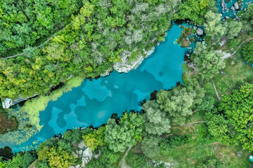 Amazing aerial view of Buky canyon on a sunny day. Buka canyon on the Girsky Tikich river, Cherkasy region, Ukraine. Concept, travel, outdoor recreation