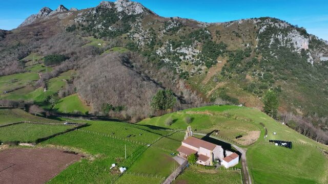 Aerial view of the Tower of Rubin de Celis and the church of San Facundo in the Town of Obeso in the Municipality of Rionansa. Cantabria, Spain, Europe