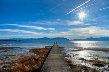 Beautiful sunny day winter landscape Bodensee Germany frozen lake tourismn
