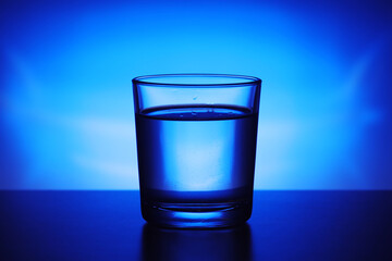 A glass with water at blue background	