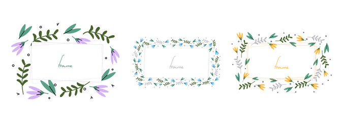 Frame made of flowers and leaves. Rectangular, different sizes flowers, set. Flat vector illustration