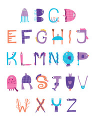 Ocean themed alphabet letters. ABC poster. Vector illustration.