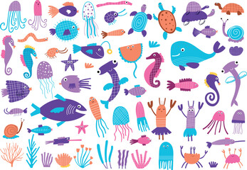 Sea life clipart. Ocean world set. Vector illustration.