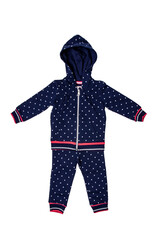 Closeup of a stylish fashionable dark blue hooded sweater with polka dots and a denim pants for the little girl. Children sport trousers and jacket with hood.