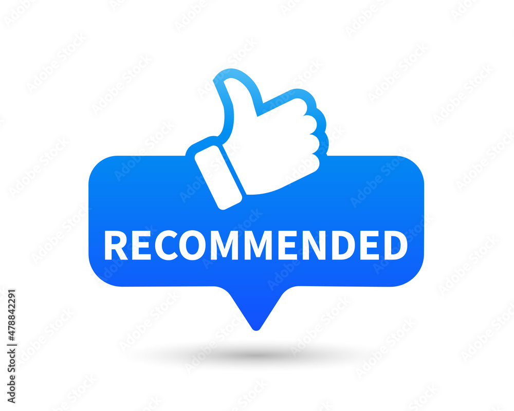 Poster banner recommended with thumb up. blue web push button with text recommended isolated on white backg