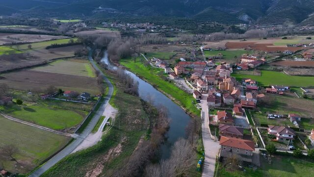 Aerial view of the landscape around the Romanesque Hermitage of San Pedro de Tejada in Puente-Arenas, in the municipality of Merindad de Valdivielso in Burgos. Burgos, autonomous community of Castilla