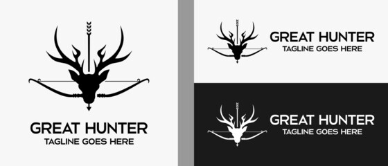 deer head and bow and arrow logo design template in silhouette. vector illustration
