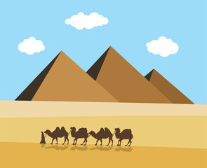 vector camels and bedouin in desert with egyptian pyramides