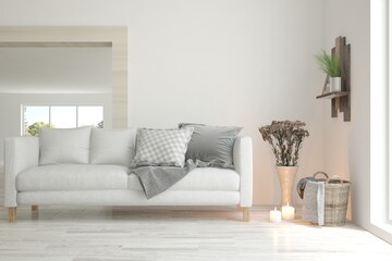 White living room with sofa. Scandinavian interior design. 3D illustration