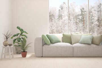 White living room with sofa and winter landscape in window. Scandinavian interior design. 3D illustration