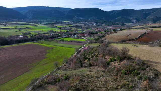 Aerial view of the landscape around the Romanesque Hermitage of San Pedro de Tejada in Puente-Arenas, in the municipality of Merindad de Valdivielso in Burgos. Burgos, autonomous community of Castilla