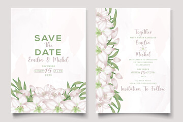 Elegant wedding invitation card with beautiful white lily floral and leaves template