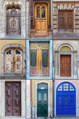 nine wooden doors with a beautiful decorative finish in the historical part of various European cities