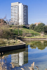 Fototapeta na wymiar Diagonal Mar Park is a public park in Barcelona located in the neighborhood of Diagonal Mar and the Front Marítim del Poblenou, in the district of Sant Martí. Barcelona, Spain