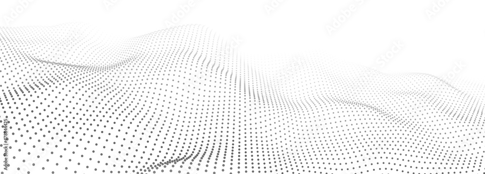 Poster abstract gradient dynamic wave of particles. white background. network of bright points or dots. big