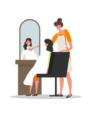 Hairdresser profession concept. Young female master in apron holds scissors and cuts ends of client hair. Hairstylists doing haircuts and hairstyles for women. Cartoon flat vector illustration