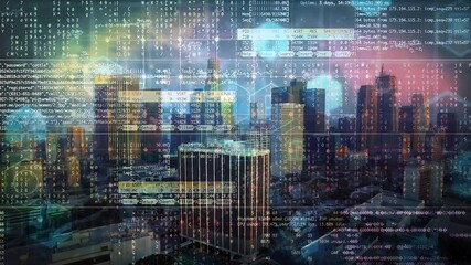 Digital composite video of digital interface with data processing and business-themed icons against an aerial cityscape background. computer interface, business, and technology concept. - Powered by Adobe