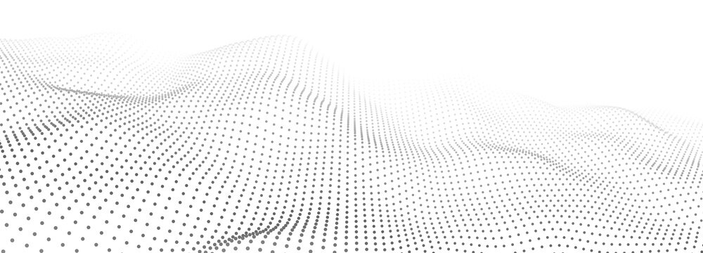 Abstract gradient dynamic wave of particles. White background. Network of bright points or dots. Big data. Digital background. Vector