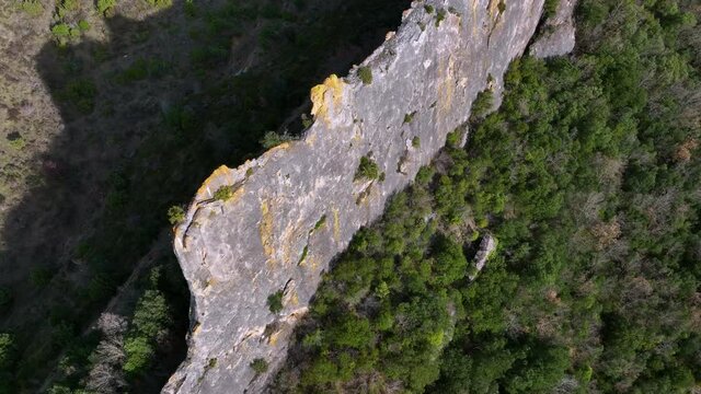 Aerial view of the landscape around the Romanesque Hermitage of San Pedro de Tejada in Puente-Arenas, in the municipality of Merindad de Valdivielso in Burgos. Burgos, autonomous community of Castilla