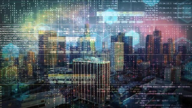 Digital composite video of digital interface with data processing and business-themed icons against an aerial cityscape background. computer interface, business, and technology concept.