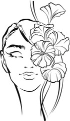 Vector illustration: beautiful young woman and centella asiatica plant. Linear black on white sketch of female face with natural cosmetic ingredient. Elements for design card, poster, flyer.