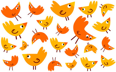 Colorful cartoon chicken pattern on white background