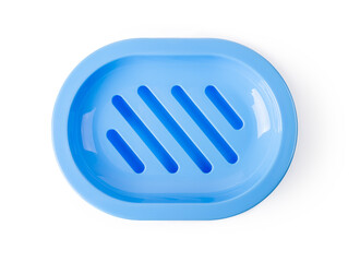 New rounded soap holder with drain isolated on a white background. Empty blue soap dish for bathroom and shower. Hygiene, purity and toiletries concepts. Washing hands with soap.