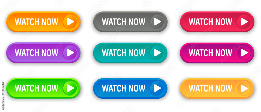 Poster vector illustration watch now colorful button set on white background. flat line gradient button col