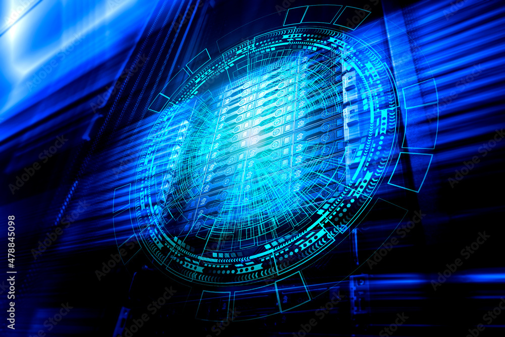 Poster 3d render hologram against the background of a supercomputer cluster, concept of information technol