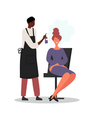 Hairdresser profession concept. Young male Hairdylists holds bottle with hairspray and fixes client hairstyle. Man works in beauty or hairdressing salon. Cartoon modern flat vector illustration