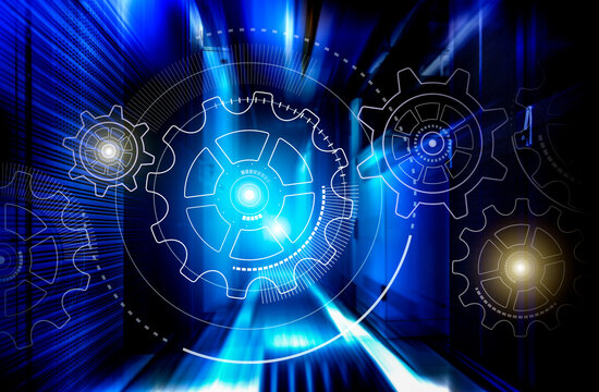 3D render digital control and computing system in data center, HUD hologram on top of data center supercomputers