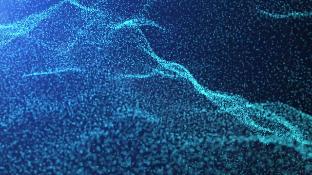 Abstract animated background of randomly moving particles, dots. Smooth wave design. The texture of molecules twisting in a spiral. Neon glow. The Milky Way. Open space. Constellations. In 4k.