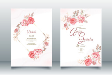 wedding invitation card template set with beautiful floral leaves Premium Vector