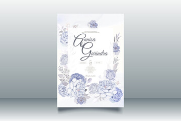 Romantic Wedding invitation card template set with blue floral leaves Premium Vector	