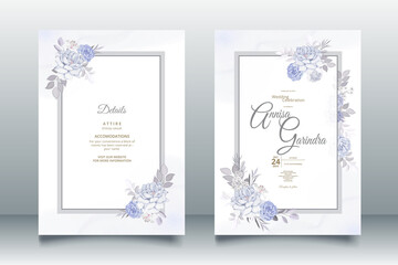 Romantic Wedding invitation card template set with blue floral leaves Premium Vector	