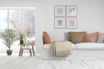 Stylish room in white color with sofa and winter landscape in window. Scandinavian interior design. 3D illustration