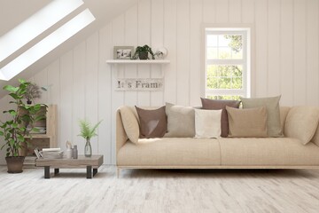 White living room with sofa and summer landscape in window. Scandinavian interior design. 3D illustration